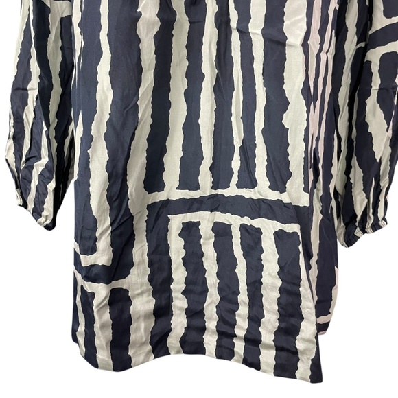 Tibi Silk Wooden Decor Blouse 6 navy white geometric cotton striped balloon - Picture 9 of 13